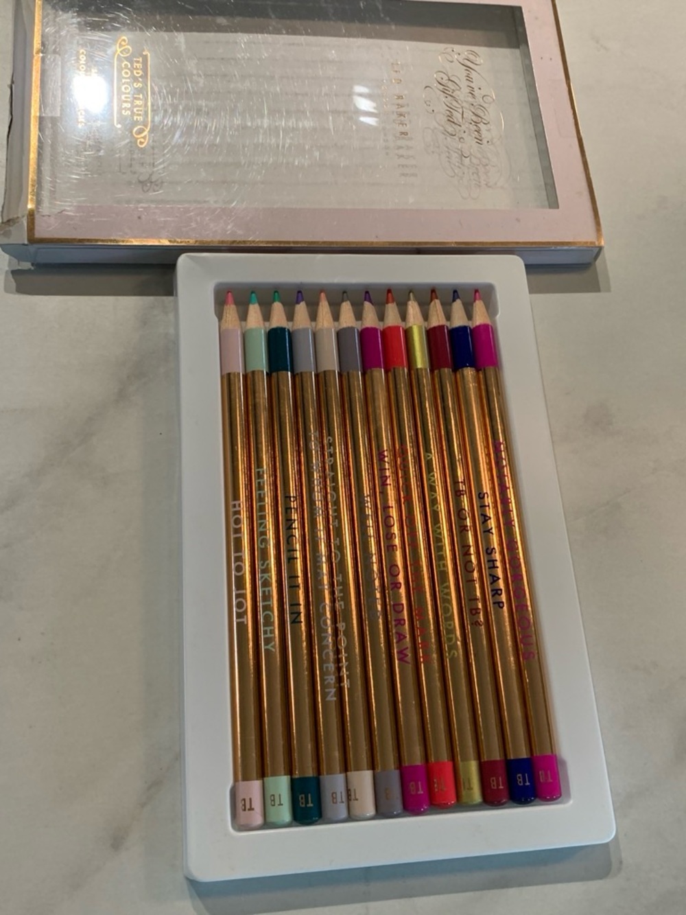 NEW set 12 Ted Baker Colored Pencils; rose-gold barrels w quirky quotes